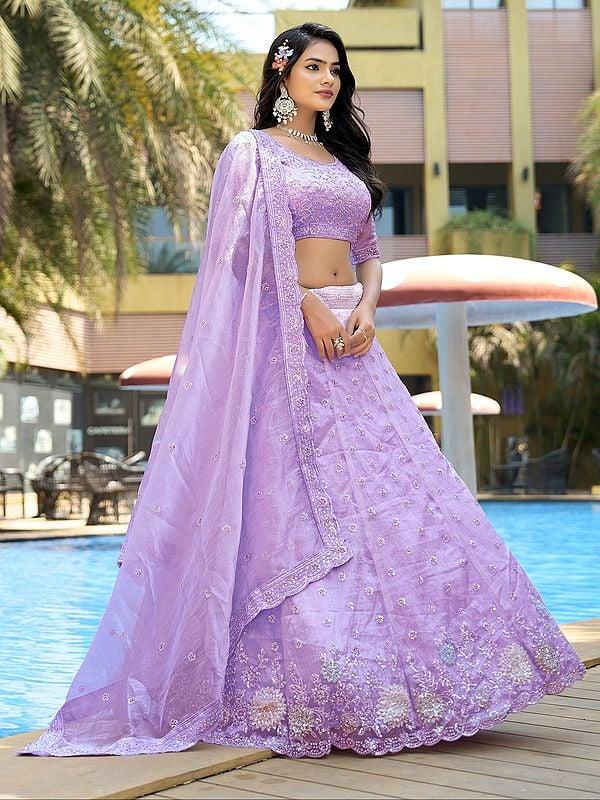 Exotic India Embellished Sequins And Zarkan Work Pure Organza Elegant Lehenga Choli With Matching Dupatta 