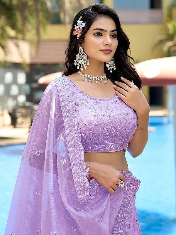 Exotic India Embellished Sequins And Zarkan Work Pure Organza Elegant Lehenga Choli With Matching Dupatta 