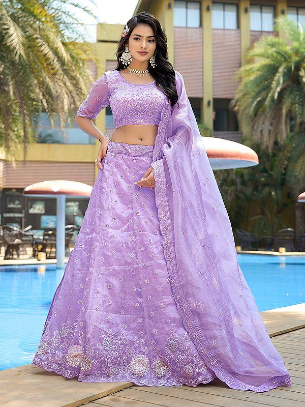 exotic india Embellished Sequins And Zarkan Work Pure Organza Elegant Lehenga Choli With Matching Dupatta
