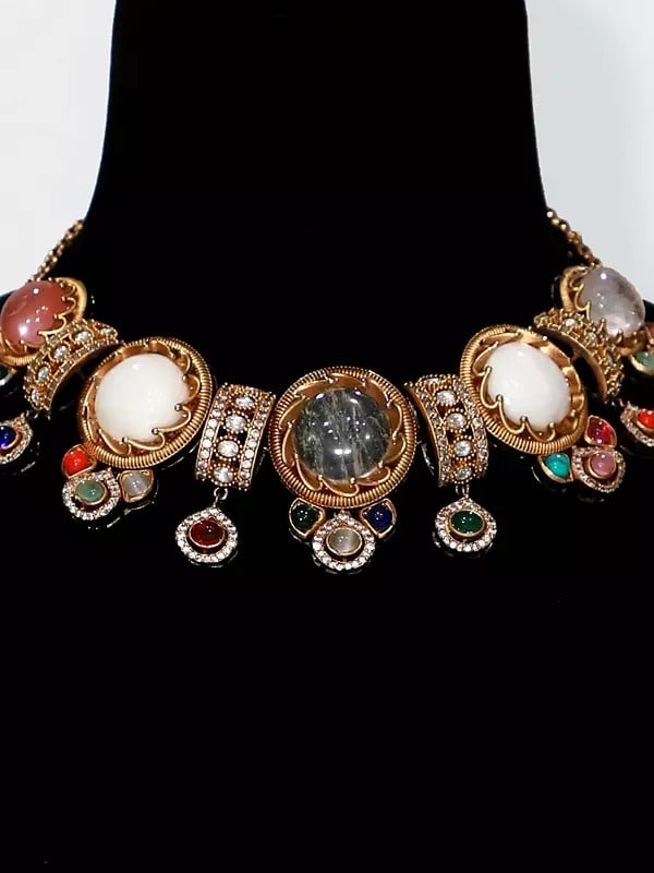 Exotic India Embellished Stone Studded Choker Necklace Set With Earrings