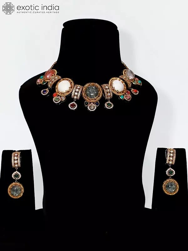 exotic india Embellished Stone Studded Choker Necklace Set With Earrings