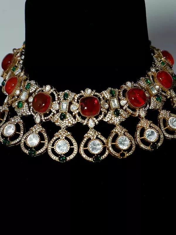 Exotic India Embellished Stone Studded Copper And Kundan Choker Necklace Set With Earrings