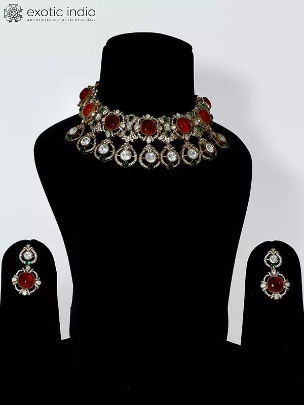 exotic india Embellished Stone Studded Copper And Kundan Choker Necklace Set With Earrings 