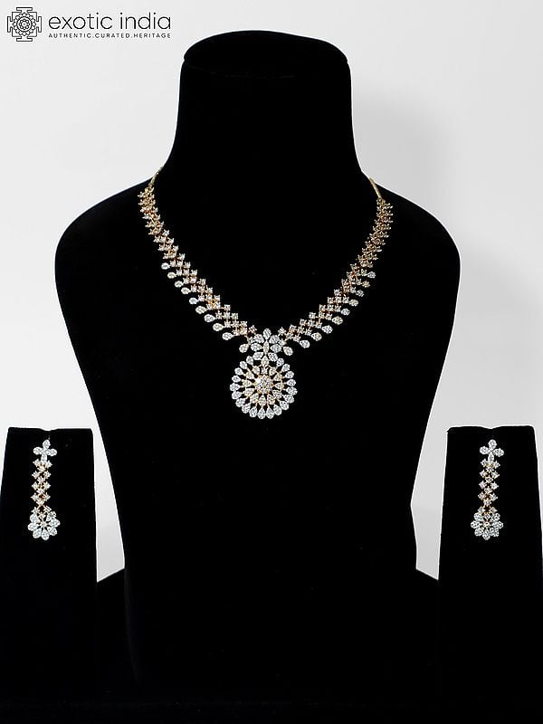 exotic india Embellished Stone Studded Floral Design American Diamond Necklace Set With Earrings
