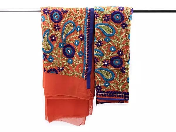 exotic india Emberglow Phulkari Salwar Kameez Fabric with Floral Embroidery from Punjab 