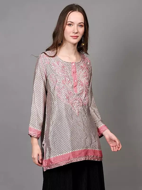 Exotic India Embroidered Crepe Short Kurti With Printed Bootis 