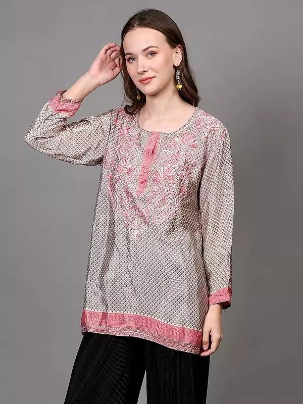 Exotic India Embroidered Crepe Short Kurti With Printed Bootis 