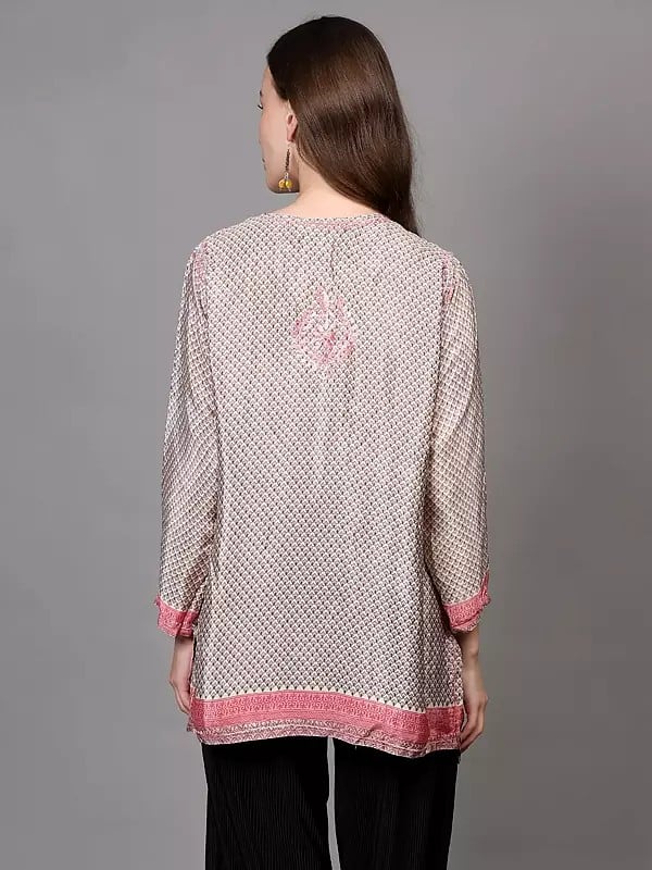 Exotic India Embroidered Crepe Short Kurti With Printed Bootis 