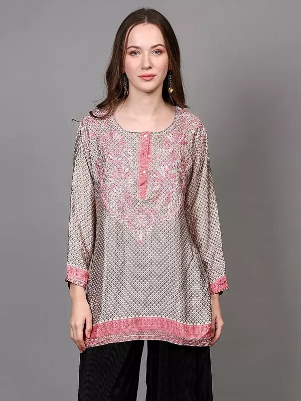 exotic india Embroidered Crepe Short Kurti with Printed Bootis 