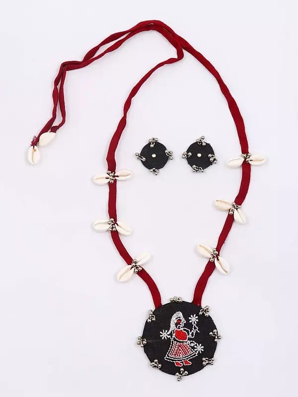 Exotic India Embroidered Sambalpuri Fabric Long Necklace With Shell And Earrings Set
