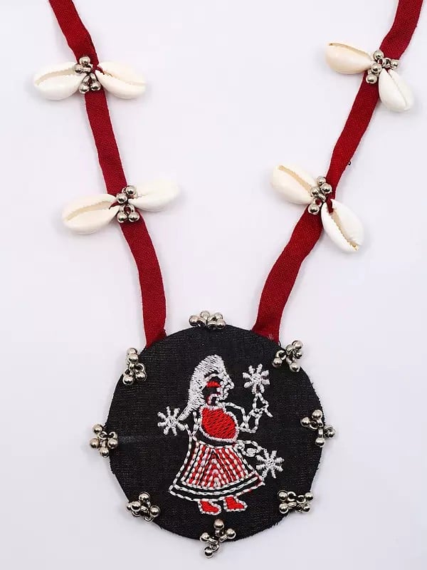 Exotic India Embroidered Sambalpuri Fabric Long Necklace With Shell And Earrings Set