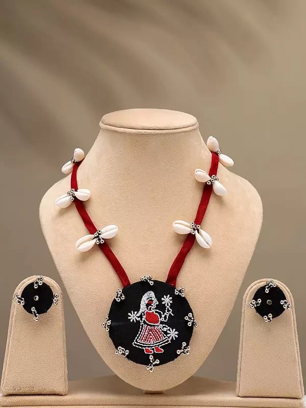 exotic india Embroidered Sambalpuri Fabric Long Necklace with Shell and Earrings Set 