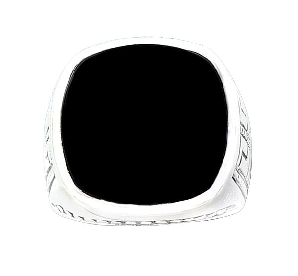Exotic India Embroidered Sterling Silver Ring With Black Onyx Stone 