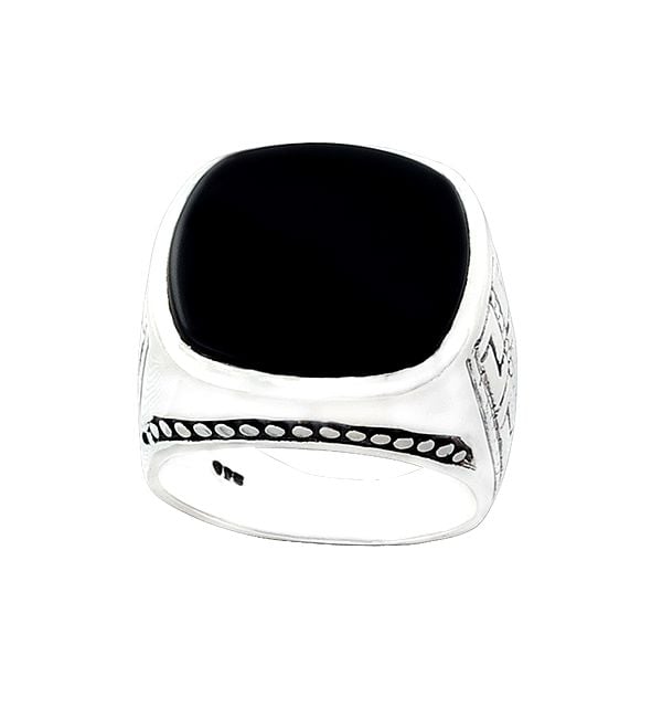 exotic india Embroidered Sterling Silver Ring with Black Onyx Stone 