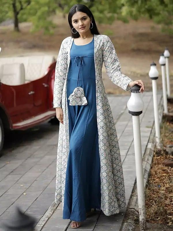 Exotic India Embroidered Stitched Gown And Shrug With Tassels For Women 