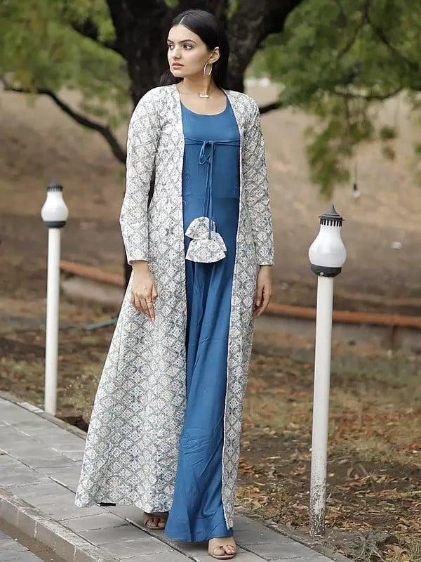 Exotic India Embroidered Stitched Gown And Shrug With Tassels For Women 