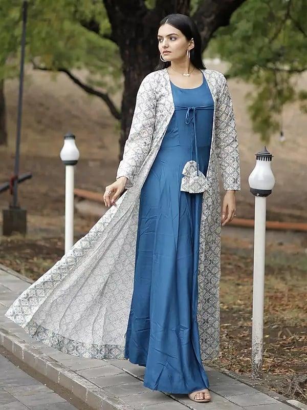 Exotic India Embroidered Stitched Gown And Shrug With Tassels For Women 