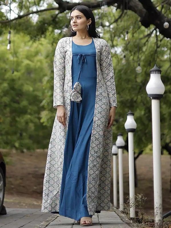 exotic india Embroidered Stitched Gown and Shrug with Tassels for Women
