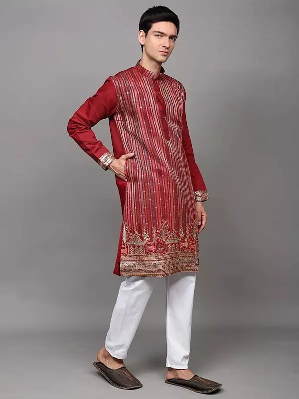 Exotic India Embroidered Stripes-Deer Wedding Kurta With Sequins Work And Pant Style Pajama 