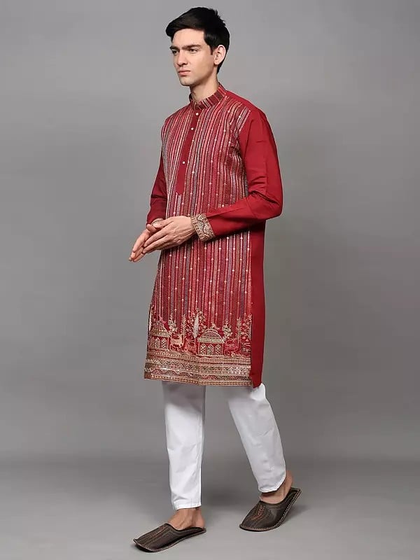 Exotic India Embroidered Stripes-Deer Wedding Kurta With Sequins Work And Pant Style Pajama 