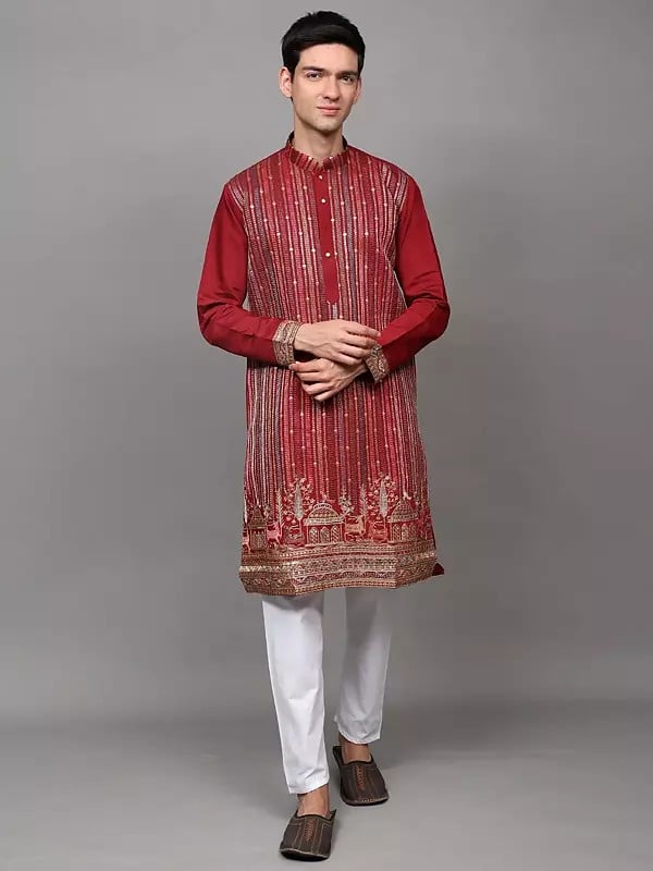exotic india Embroidered Stripes-Deer Wedding Kurta with Sequins work and Pant Style Pajama 