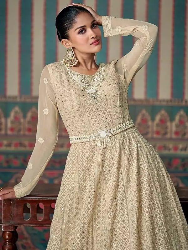 Exotic India Embroidery And Sequins Work Designer Wedding Wear Georgette Gown With Matching Dupatta 