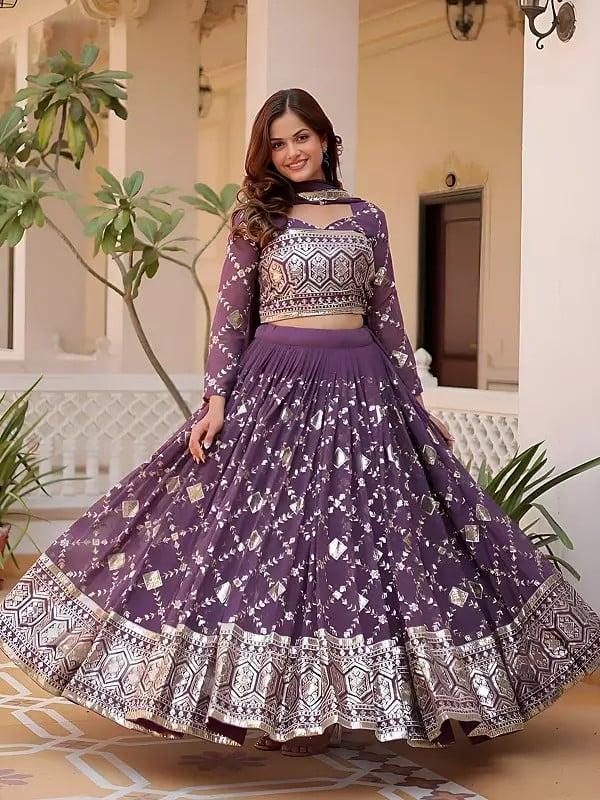 Exotic India Embroidery Sequins Work Heavy Faux Georgette Elegant Party Wear Lehenga Choli With Dupatta 