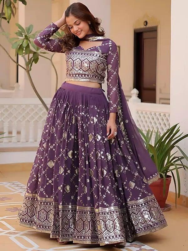 Exotic India Embroidery Sequins Work Heavy Faux Georgette Elegant Party Wear Lehenga Choli With Dupatta 
