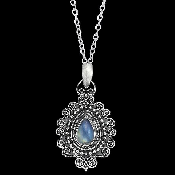 exotic india Embroidery Sterling Silver Pendant with Rainbow Moonstone