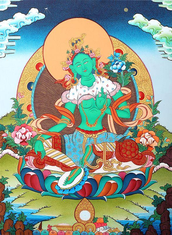 exotic india Emerald Green Goddess Green Tara - Tibetan Buddhist Brocadeless Thangka 