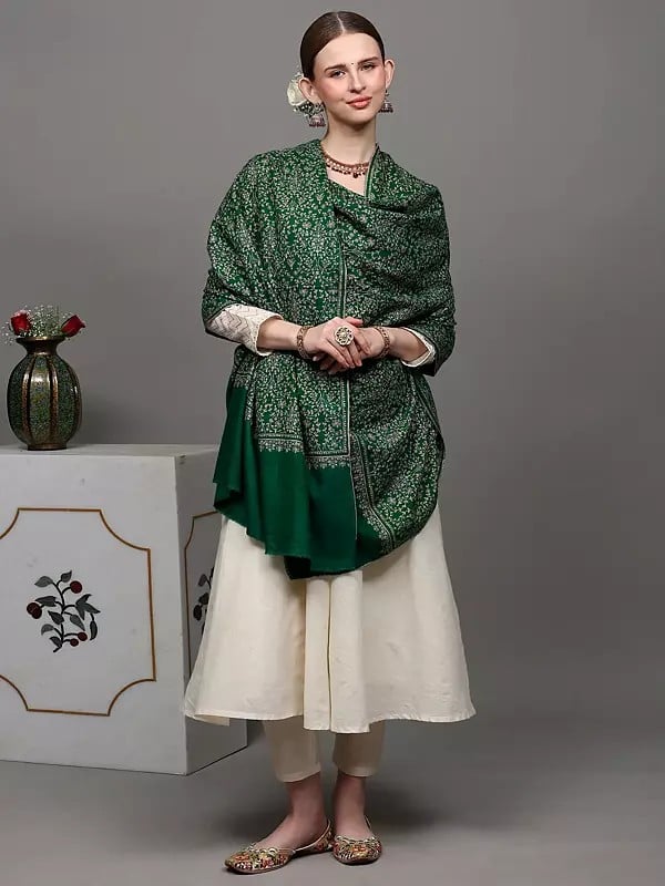 Exotic India Emerald-Green Pure Pashmina Shawl With Embroidered Jaldaar Phool Bail By Hand 