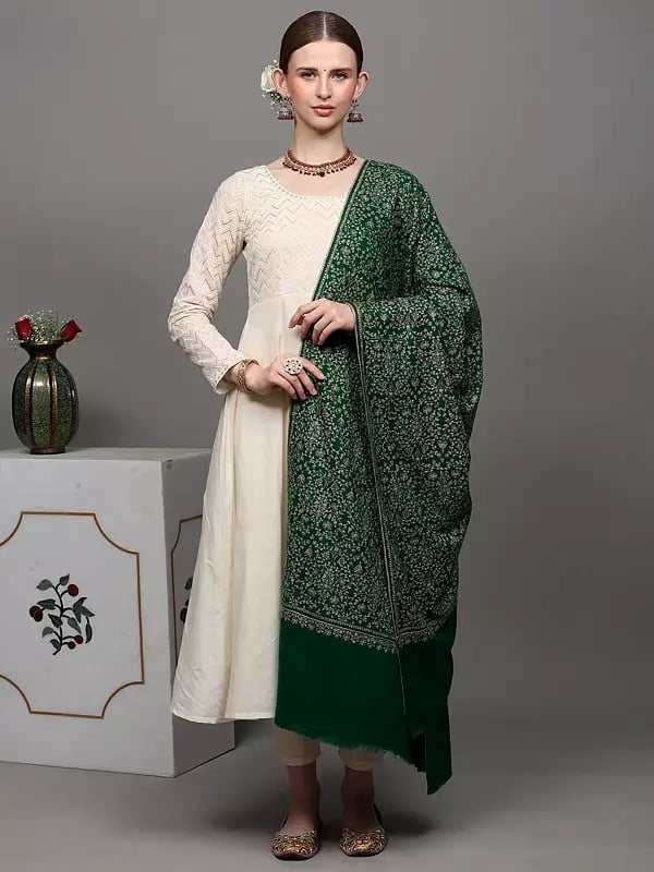 Exotic India Emerald-Green Pure Pashmina Shawl With Embroidered Jaldaar Phool Bail By Hand 