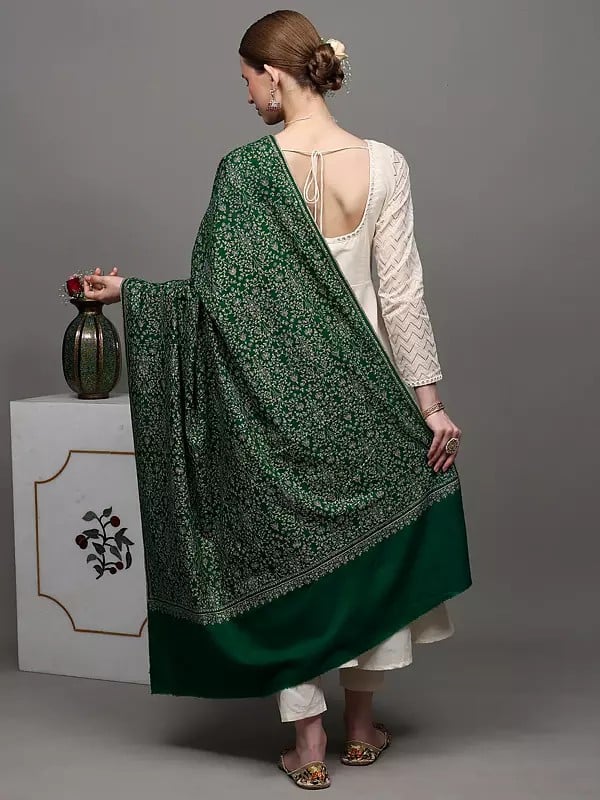 Exotic India Emerald-Green Pure Pashmina Shawl With Embroidered Jaldaar Phool Bail By Hand 