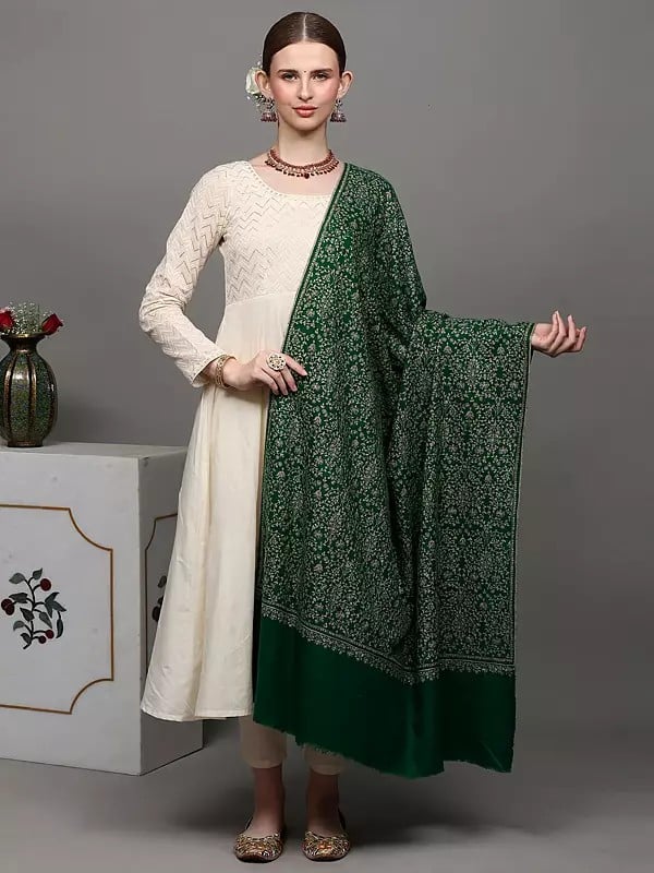 exotic india Emerald-Green Pure Pashmina Shawl with Embroidered Jaldaar Phool Bail by Hand 