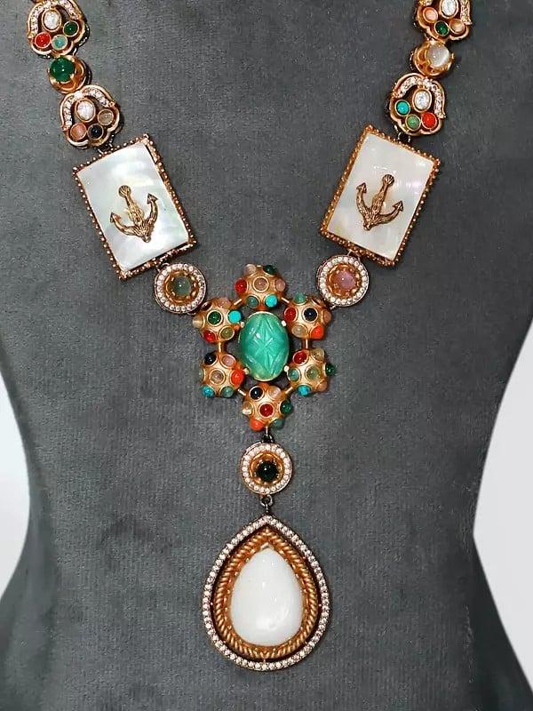 Exotic India Emerald MOP Stone Studded Embellished Long Necklace Set With Earrings