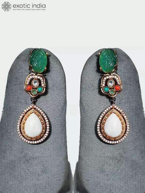 Exotic India Emerald MOP Stone Studded Embellished Long Necklace Set With Earrings