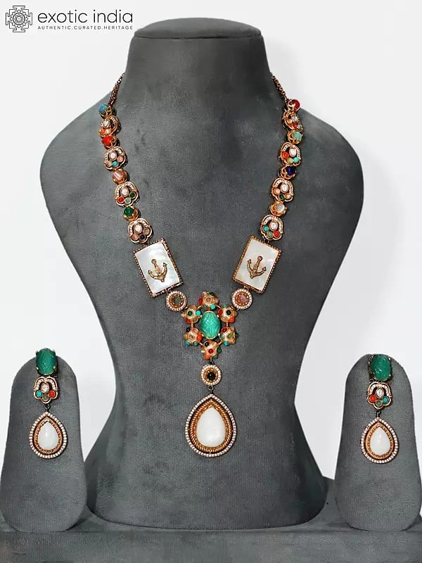 exotic india Emerald MOP Stone Studded Embellished Long Necklace Set With Earrings 