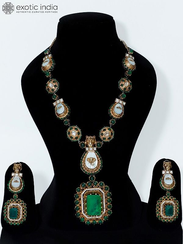 exotic india Emerald Victoria Polish Lion Necklace Set With Earrings
