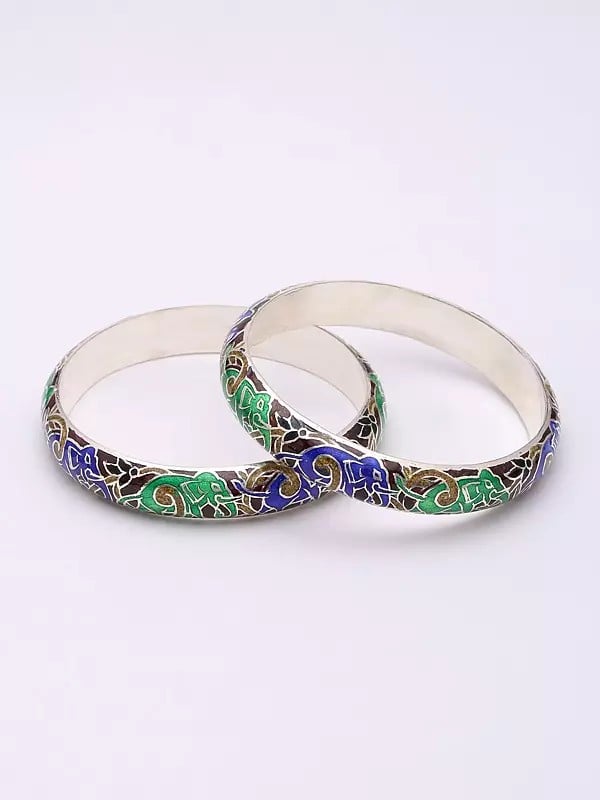 Exotic India Enamel Elephant Sterling Silver Pair Of Bangles 