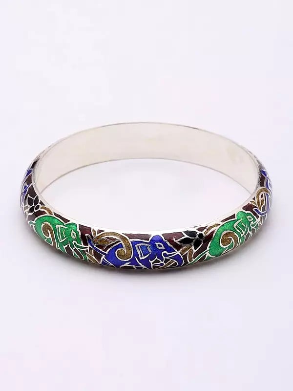 Exotic India Enamel Elephant Sterling Silver Pair Of Bangles 