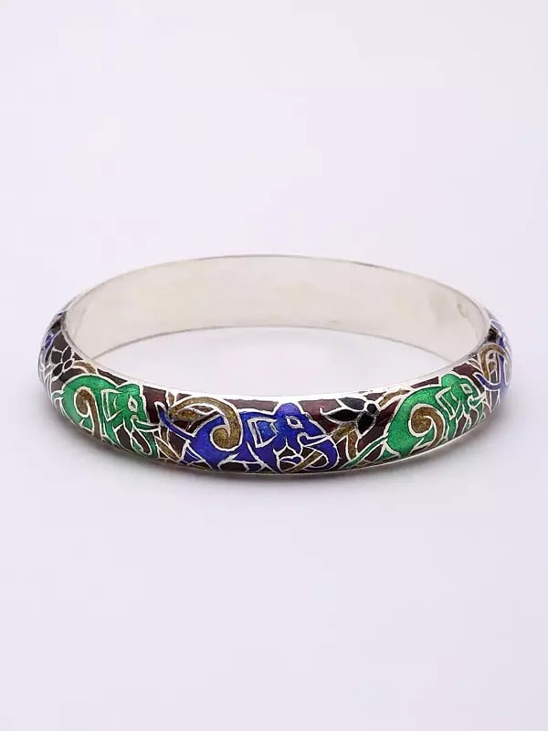 Exotic India Enamel Elephant Sterling Silver Pair Of Bangles 