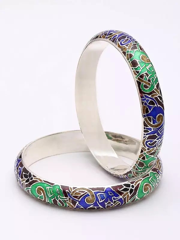 exotic india Enamel Elephant Sterling Silver Pair of Bangles 