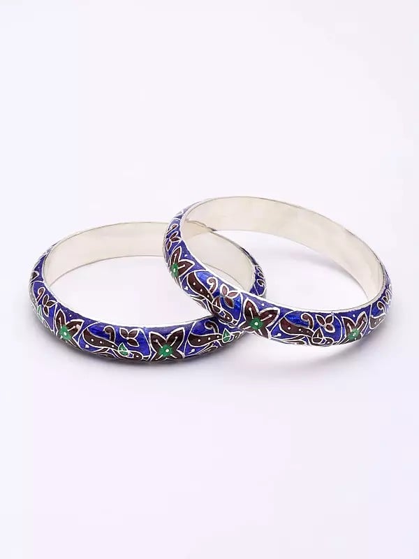 Exotic India Enamel Floral Vine Swirl Sterling Silver Bangles (Set Of 2) 