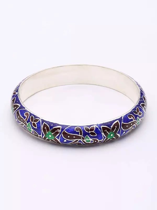Exotic India Enamel Floral Vine Swirl Sterling Silver Bangles (Set Of 2) 