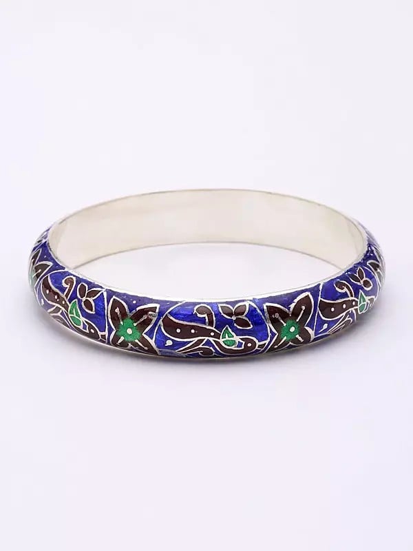 Exotic India Enamel Floral Vine Swirl Sterling Silver Bangles (Set Of 2) 
