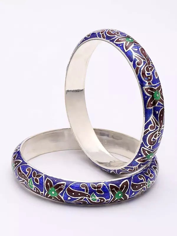 exotic india Enamel Floral Vine Swirl Sterling Silver Bangles (Set of 2) 