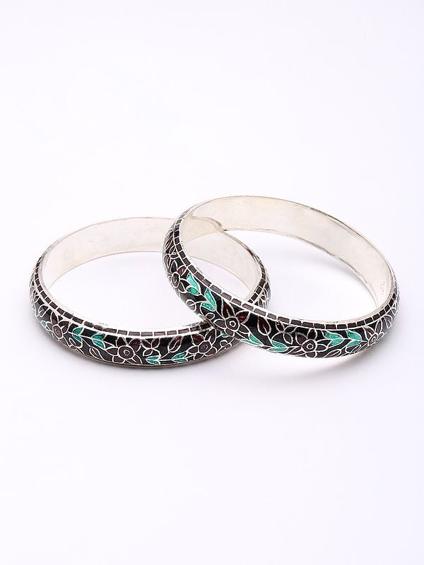 Exotic India Enamel Floral Vine Swirl Sterling Silver Pair Of Bangles 