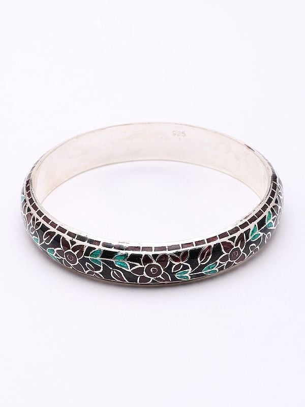 Exotic India Enamel Floral Vine Swirl Sterling Silver Pair Of Bangles 