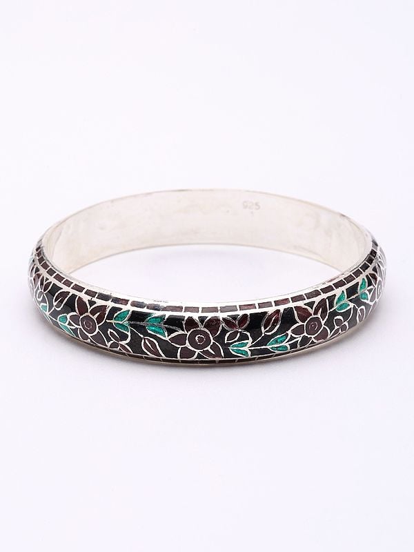 Exotic India Enamel Floral Vine Swirl Sterling Silver Pair Of Bangles 
