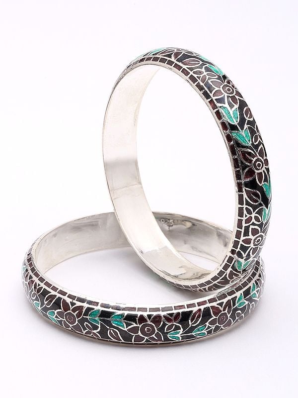 exotic india Enamel Floral Vine Swirl Sterling Silver Pair of Bangles 